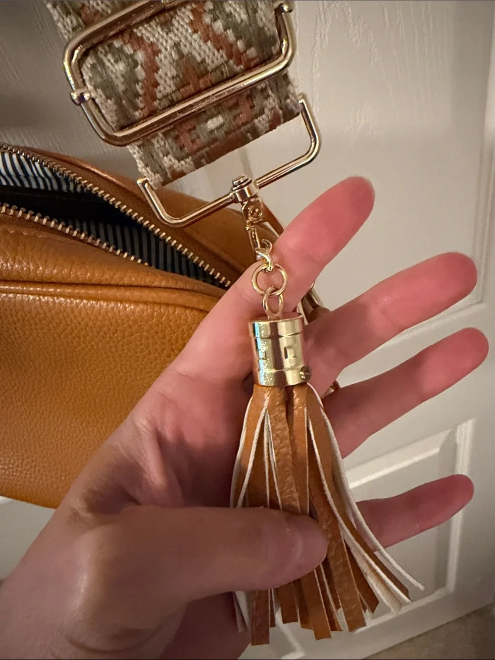 Women’s Mustard Crossbody Bag with Patterned Strap